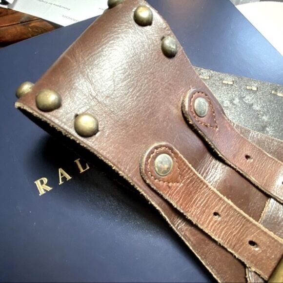 RRL * Distressed Brown Vachetta Leather Playing Card Brass Stud Kidney Belt - Picture 13 of 16